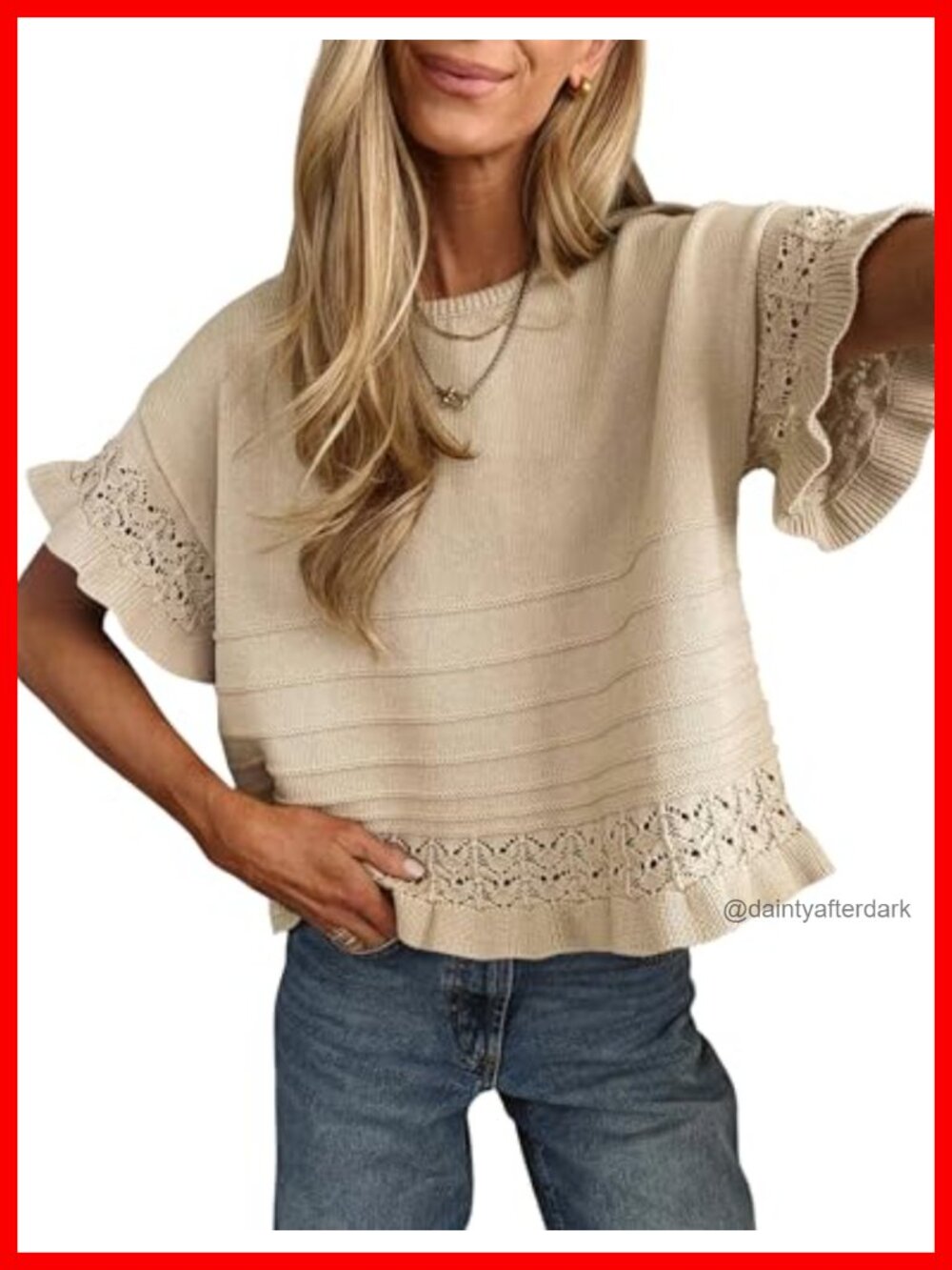 Womens Short Sleeve Knit Sweater Ruffled Hem Crochet Pullover Top